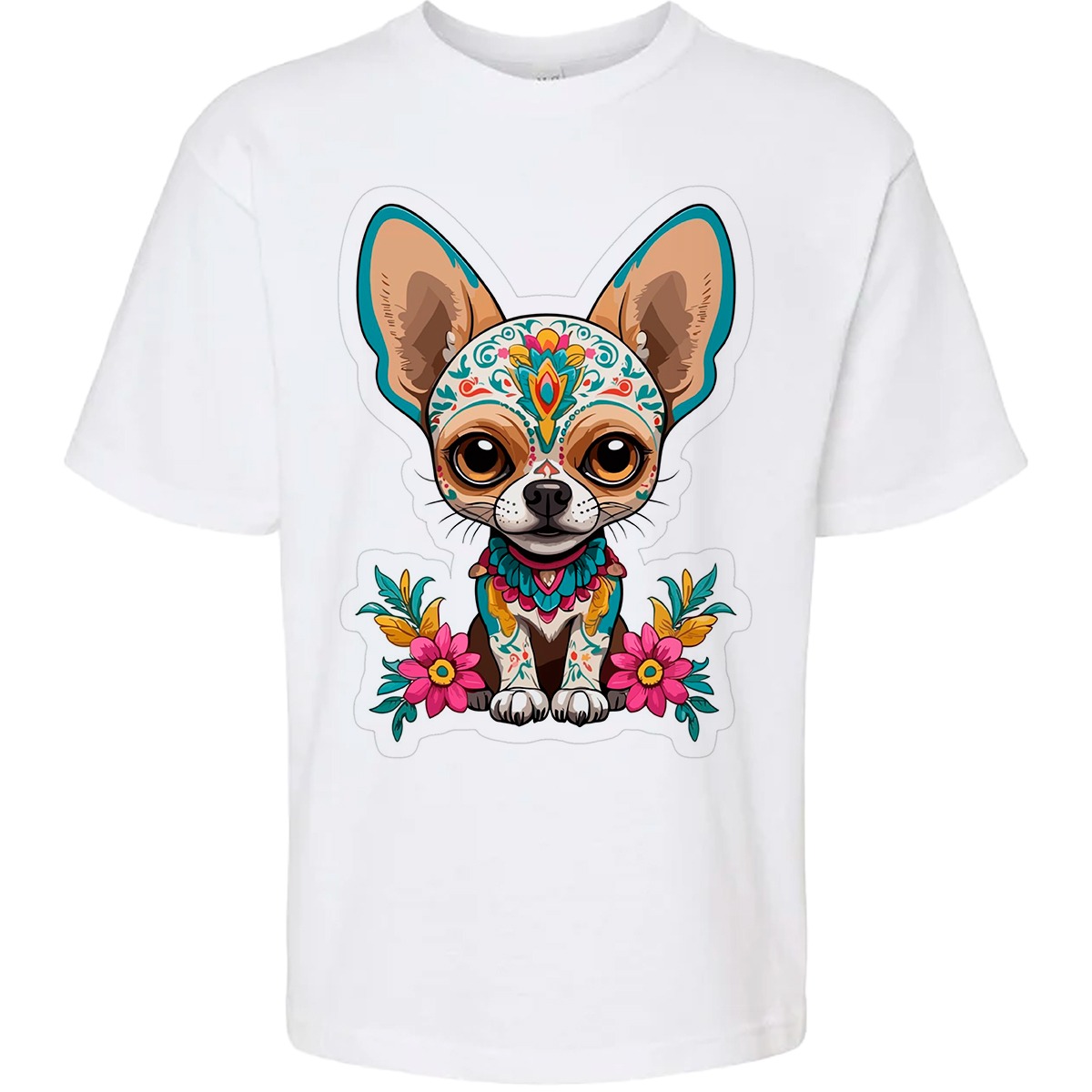 Camiseta Unisex chihuahua adornado con coloridas flores Arte Loca