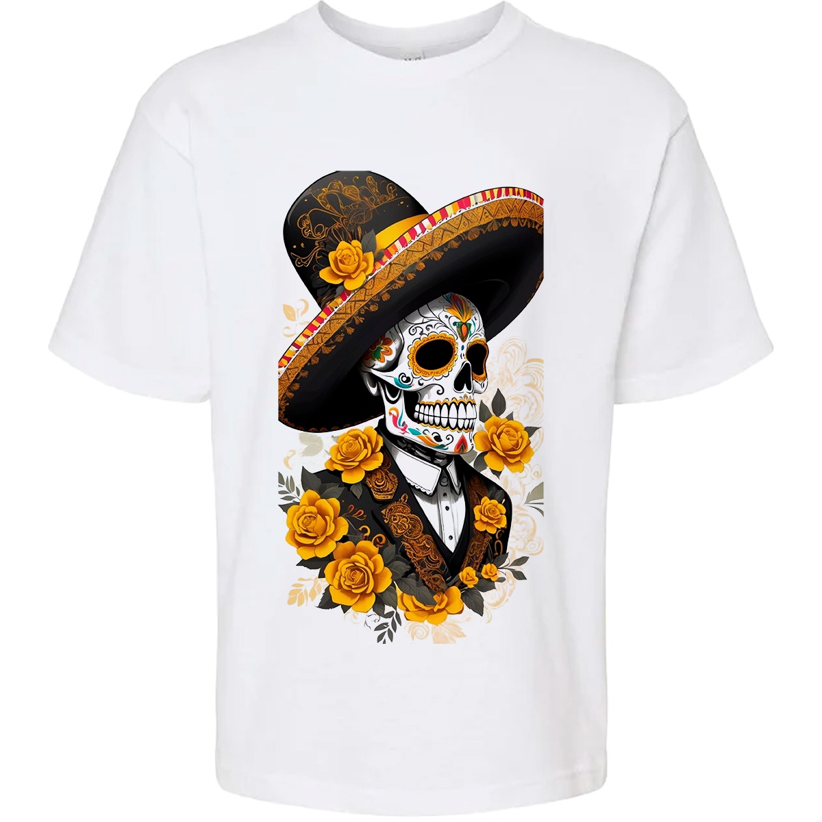 Camiseta Unisex cráneo tradicional y rosas vibrantes Arte Loca