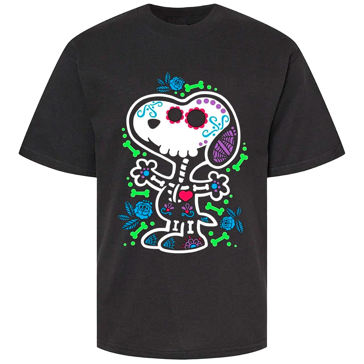 Camiseta Unisex negra Snoopy de calavera de azúcar Arte Loca